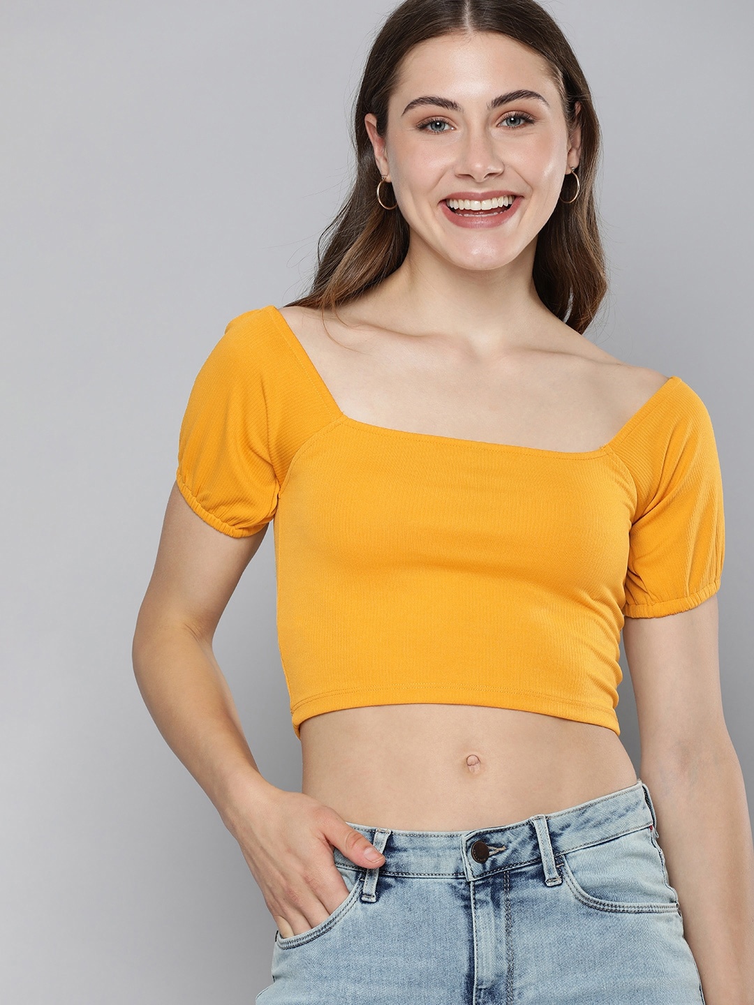 

HERE&NOW Solid Ribbed Square Neck Puff Sleeve Top, Yellow