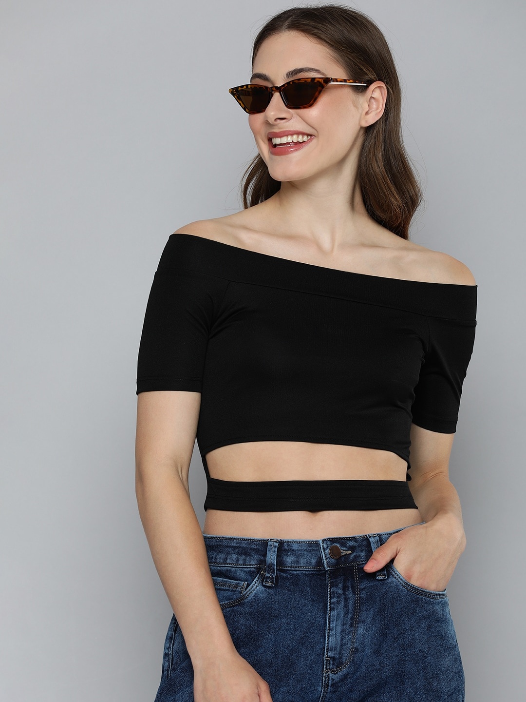 

HERE&NOW Solid Off-Shoulder Crop Top With Cut Out Detailing, Black