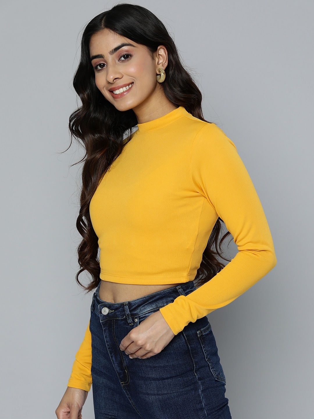 

HERE&NOW Solid High Neck Fitted Crop Top, Yellow