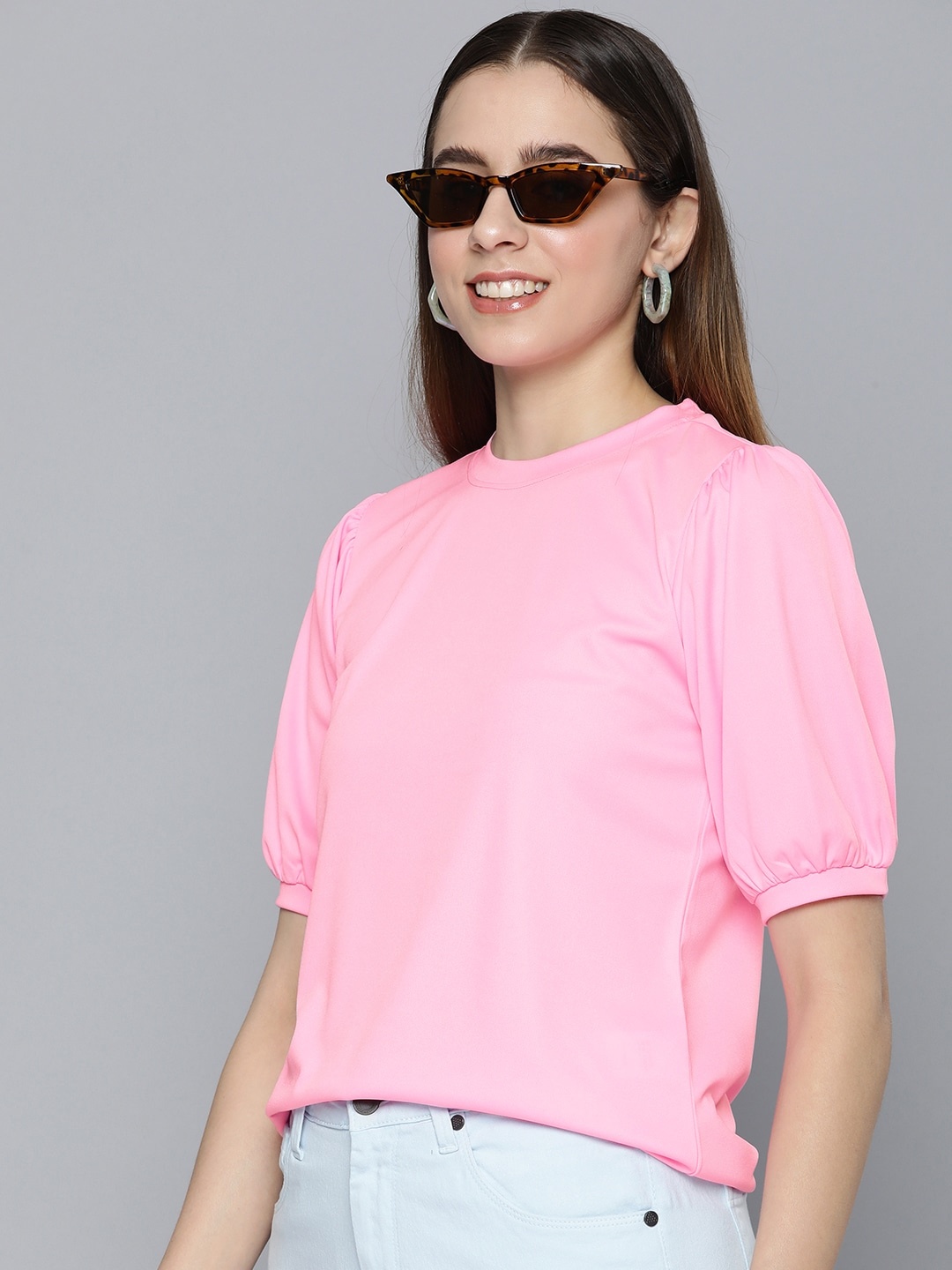 

HERE&NOW Pink Solid Puff Sleeve Top