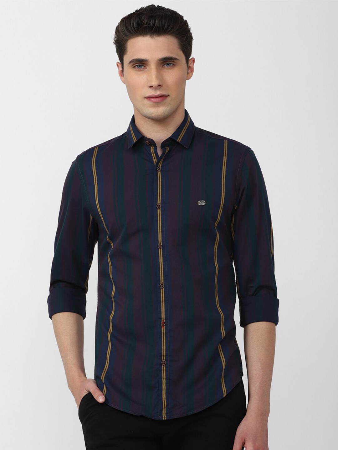 

Peter England Casuals Men Cotton Slim Fit Striped Casual Shirt, Navy blue