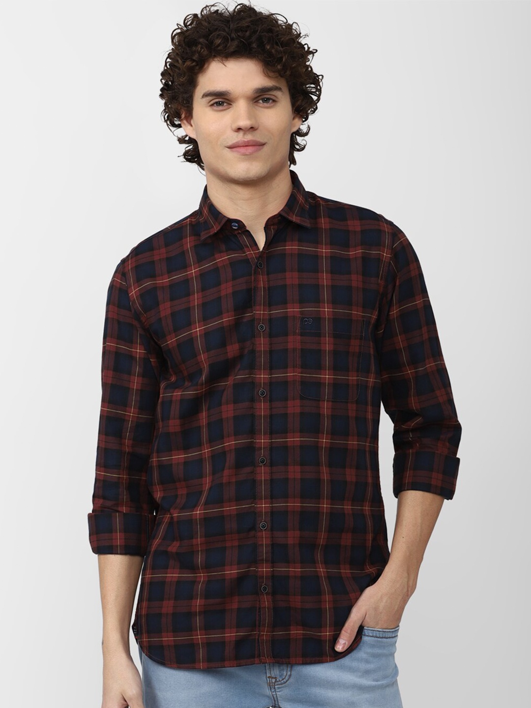 

Peter England Casuals Men Cotton Slim Fit Tartan Checks Checked Casual Shirt, Brown