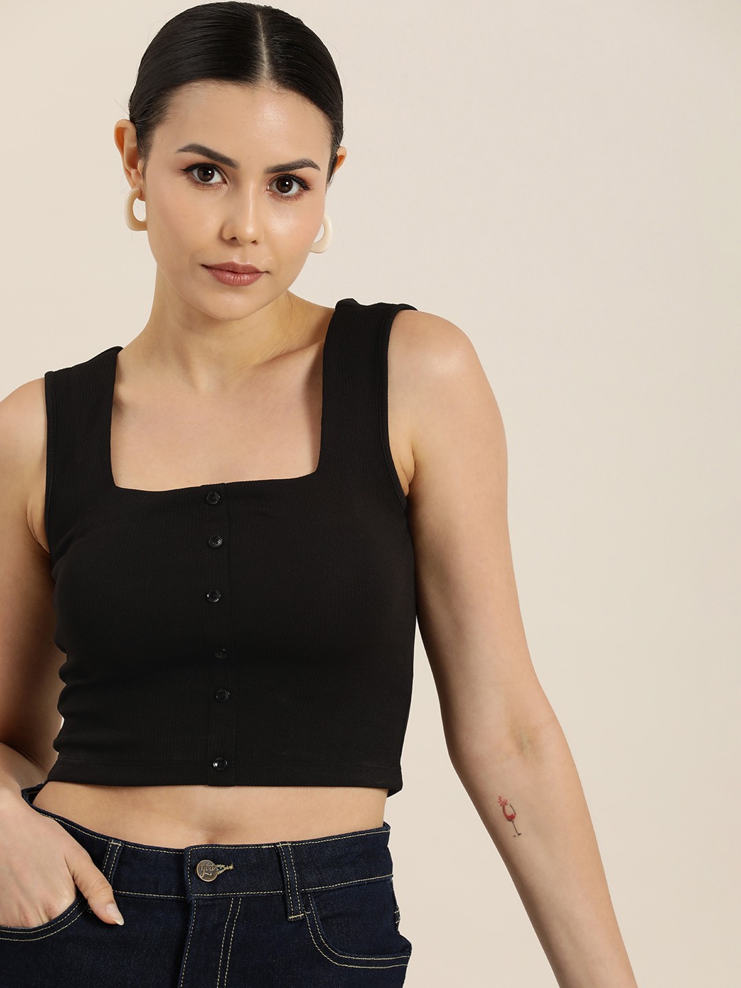 

Moda Rapido Square Neck Ribbed Crop Top, Black