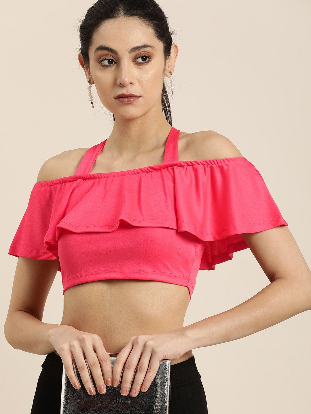 

Moda Rapido Solid Cold Shoulder Sleeves Ruffles Crop Top, Fuchsia