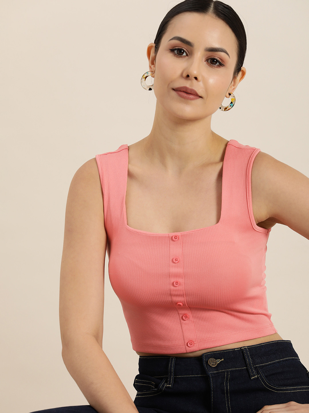 

Moda Rapido Square Neck Ribbed Crop Top, Pink