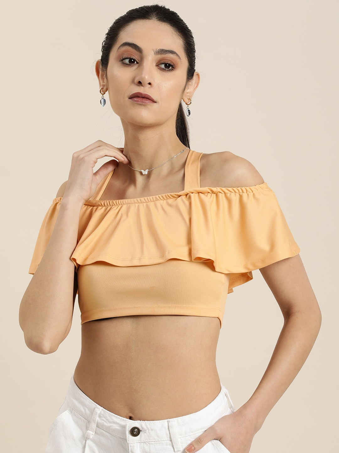 

Moda Rapido Solid Cold Shoulder Sleeves Ruffles Crop Top, Yellow