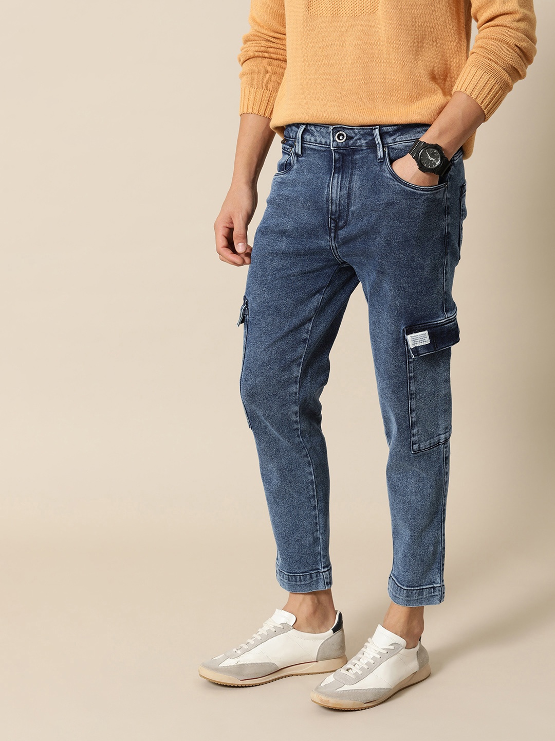 

Mr Bowerbird Men Tapered Fit Heavy Fade Stretchable Cargo Style Mid-Rise Jeans, Blue
