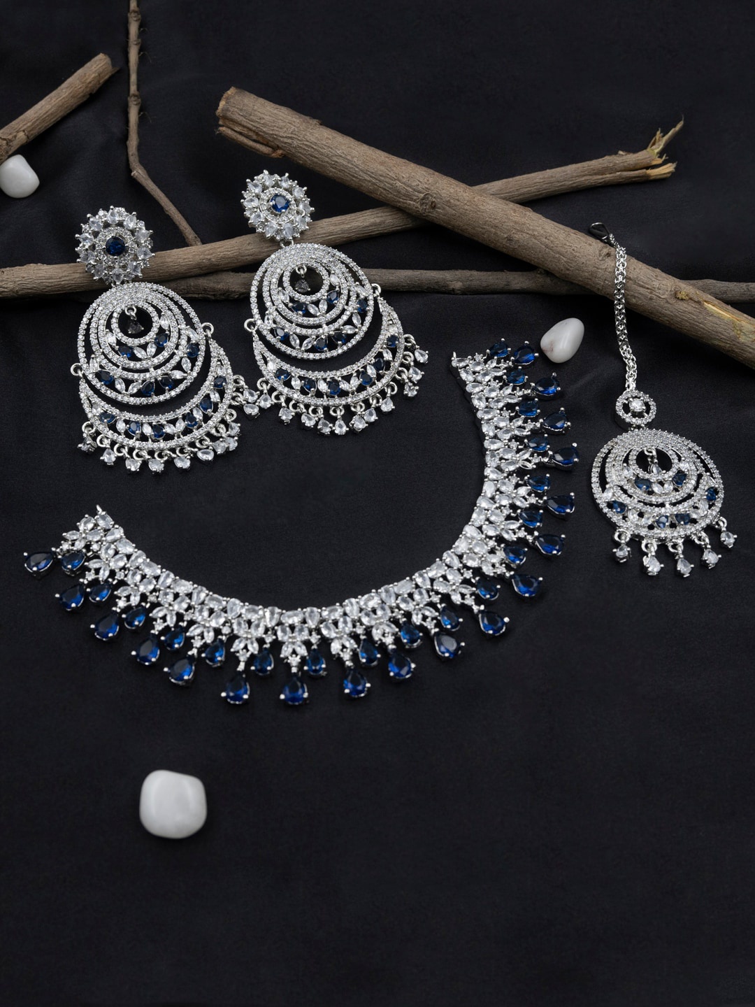 

StileAdda Aadika Silver-Plated CZ Studded Bridal Necklace Jewellery Set