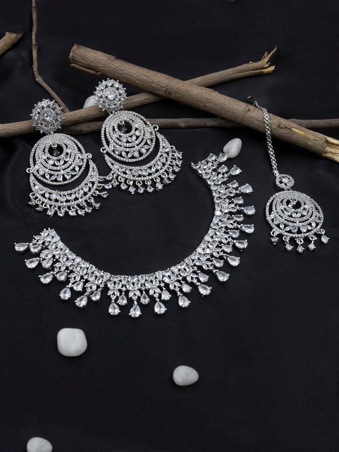 

StileAdda Silver Plated CZ-Studded Jewellery Set With Maangtikka, White