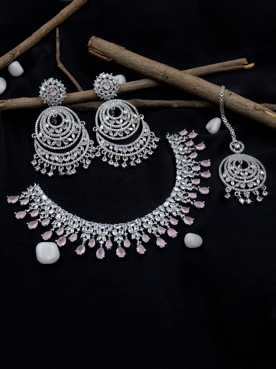 

StileAdda Sliver-Plated CZ Studded Bridal Necklace With Maangtika, Pink