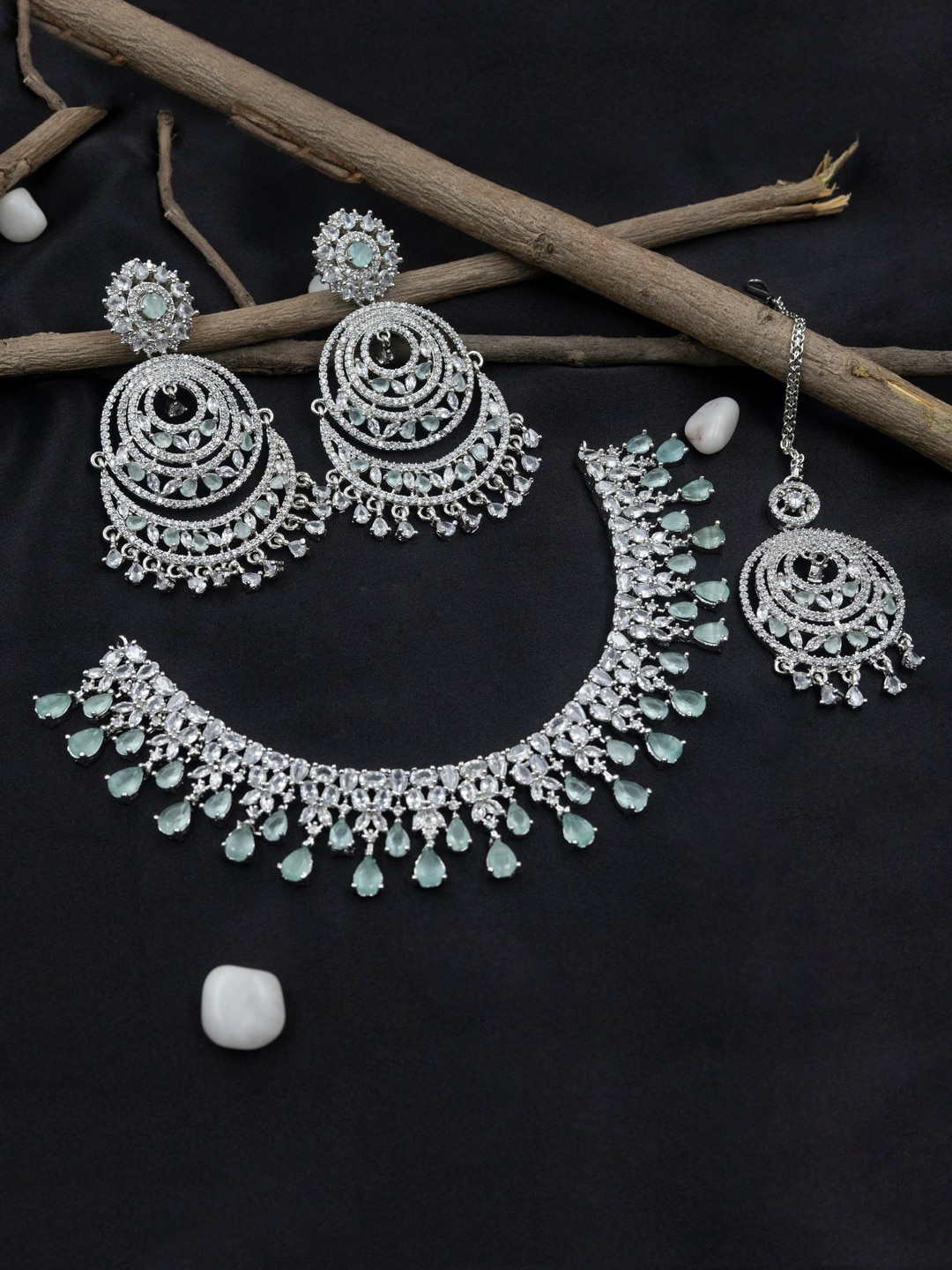 

StileAdda Silver-Plated CZ Stones-Studded & Beaded Jewellery Set, Sea green