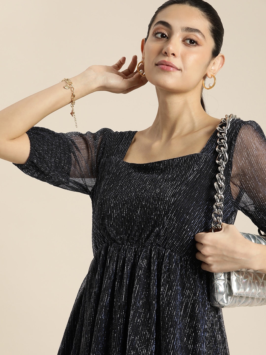 

Moda Rapido Square Neck Embellished Fit & Flare Dress, Blue