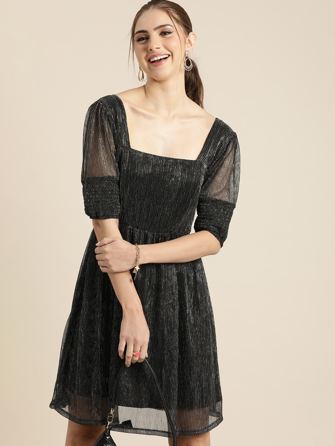 

Moda Rapido Square Neck Embellished Fit & Flare Dress, Silver