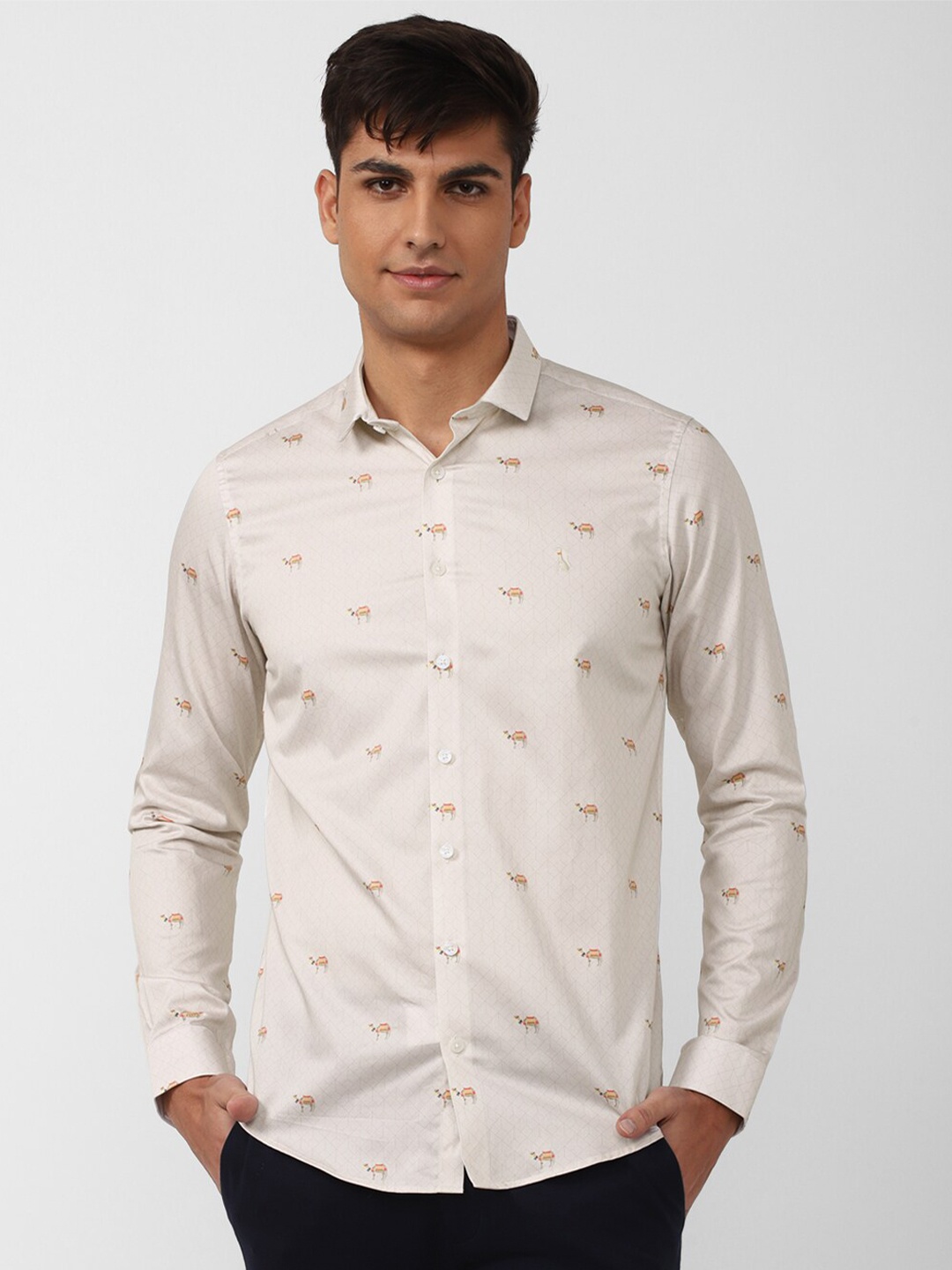 

SIMON CARTER LONDON Men Slim Fit Printed Pure Cotton Casual Shirt, Beige