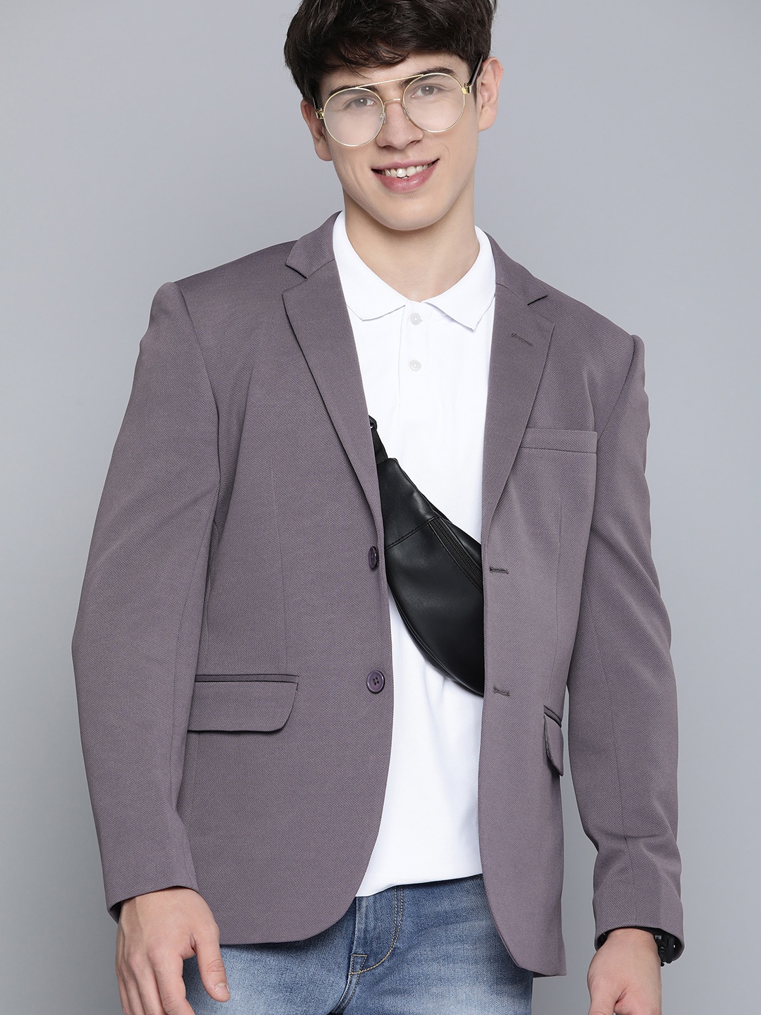

HERE&NOW Men Textured Regular Fit Single-Breasted Blazer, Grey