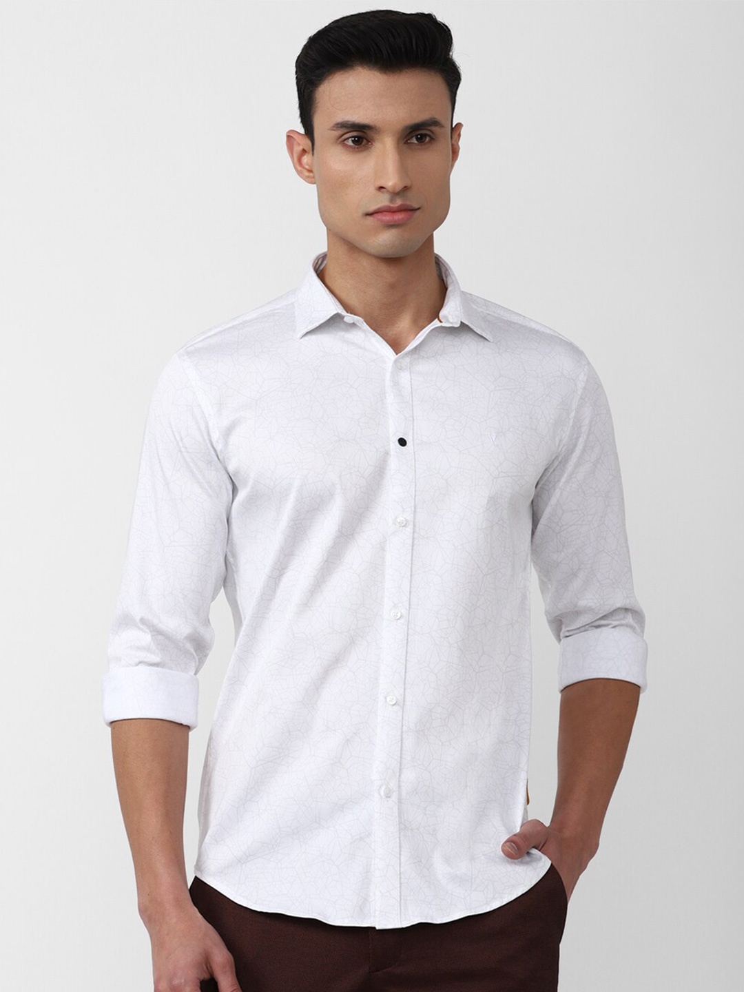 

V Dot Men Cotton Slim Fit Printed Casual Shirt, White