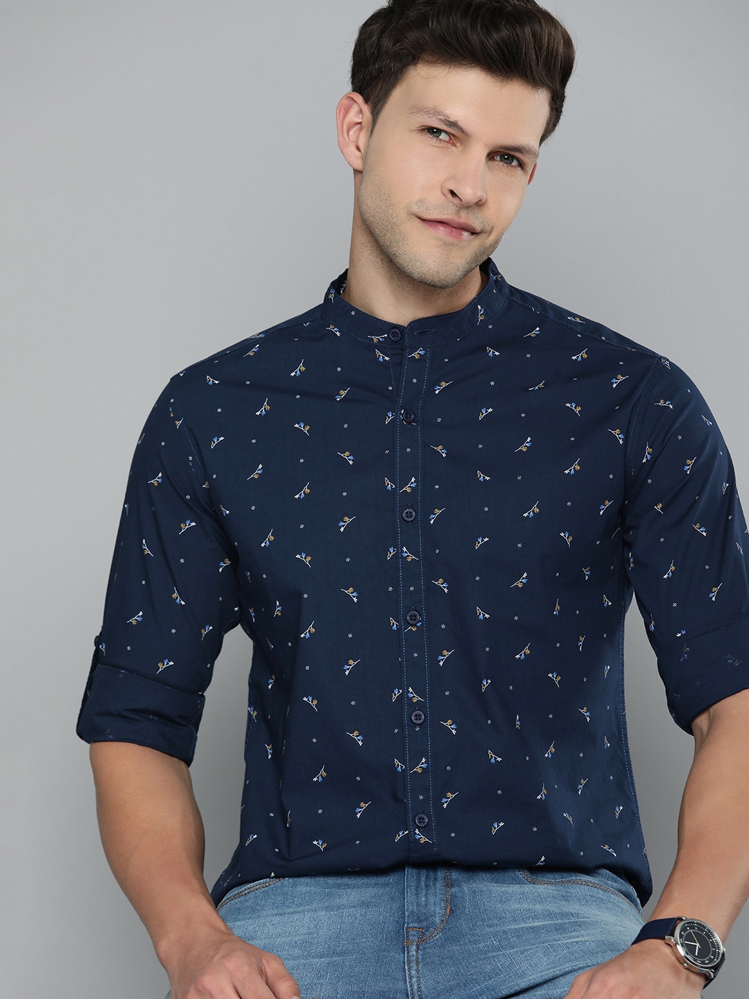 

HERE&NOW Men Pure Cotton Slim Fit Floral Printed Casual Shirt, Navy blue