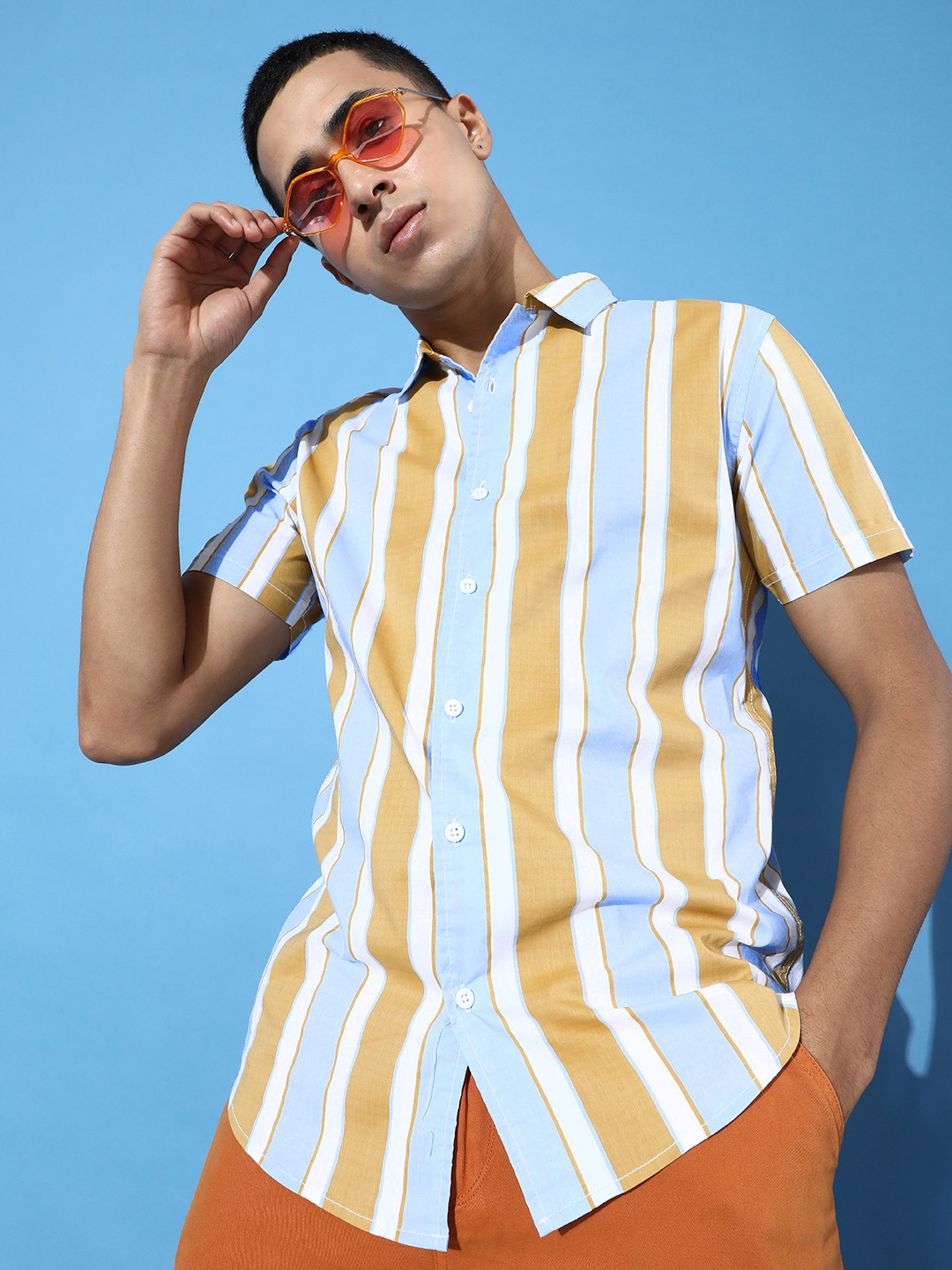 

HERE&NOW Amber Mustard Yellow Slim Fit Multi Stripes Opaque Retro Streaks Casual Shirt