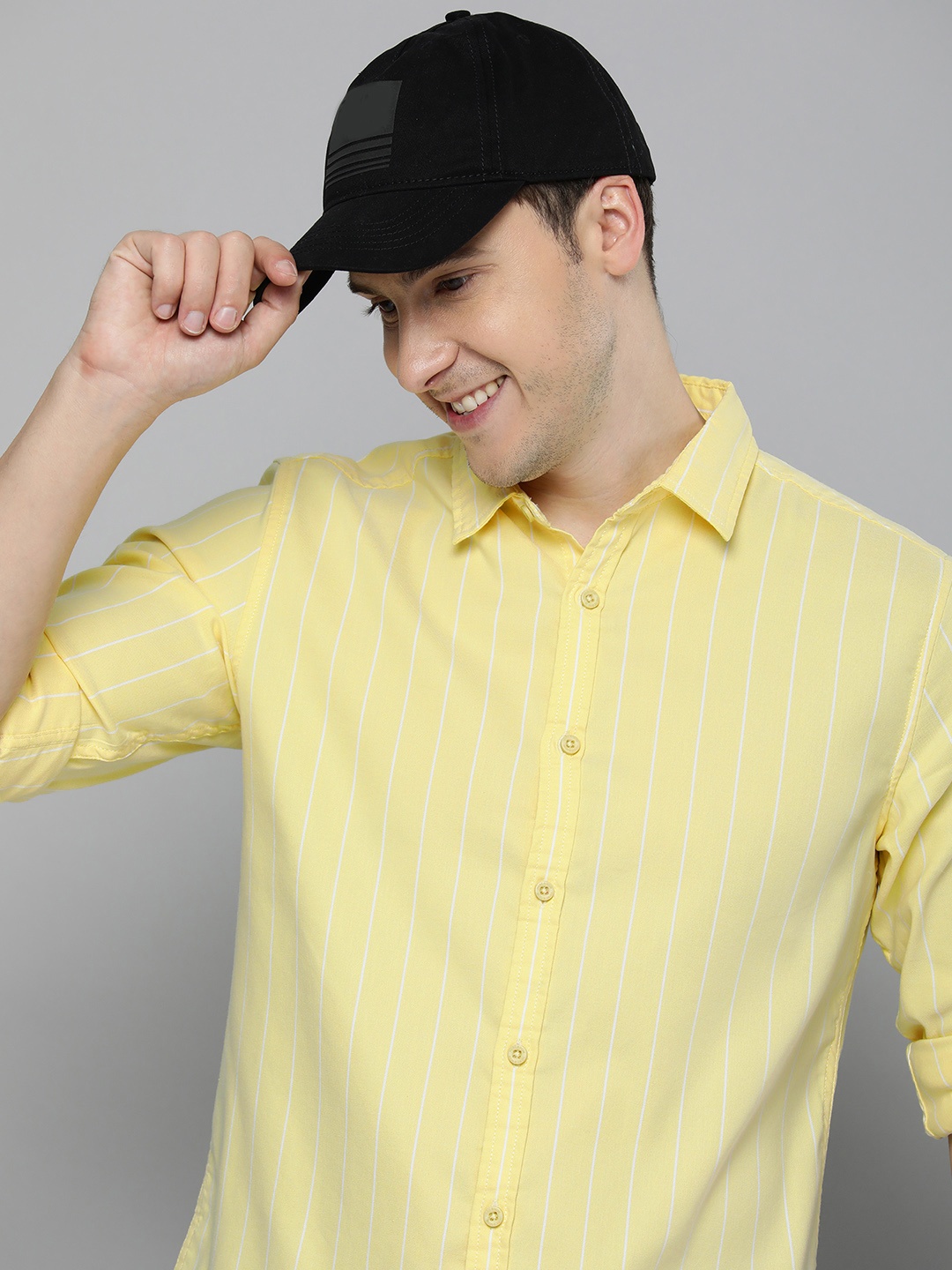 

HERE&NOW Men Slim Fit Striped Spread Collar Casual Shirt, Yellow