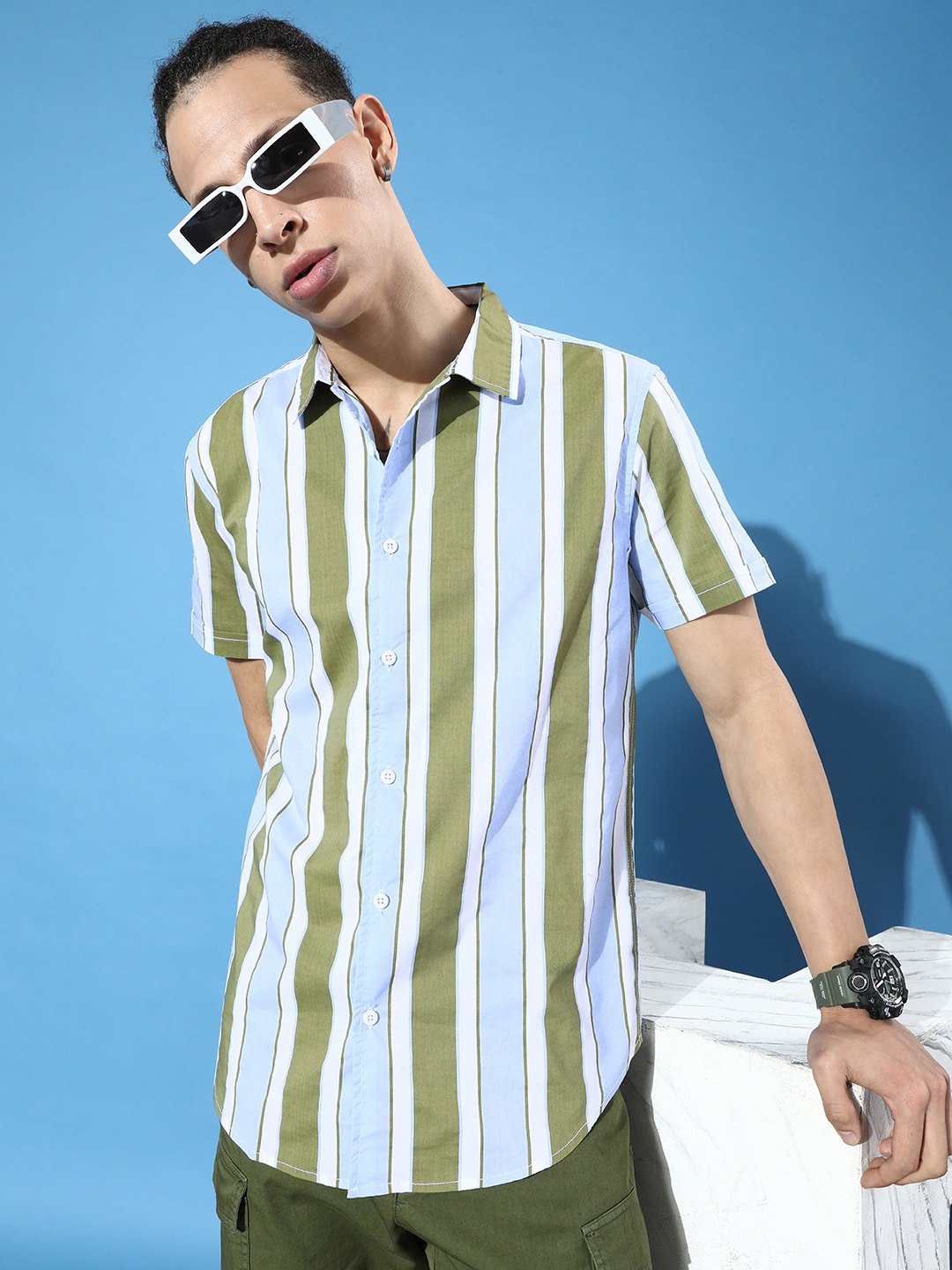 

HERE&NOW Rich Olive Green Slim Fit Multi Stripes Opaque Retro Streaks Casual Shirt