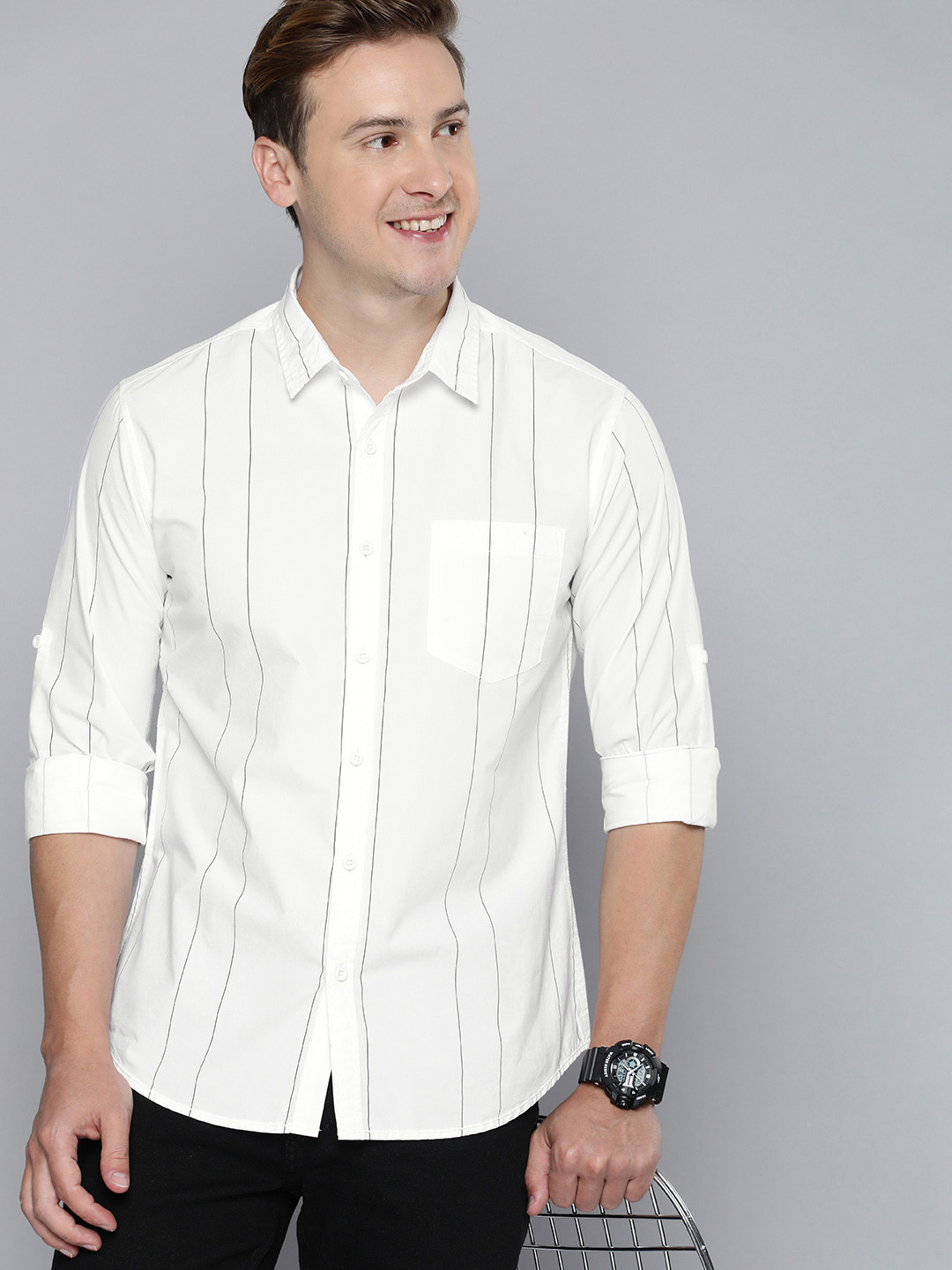

HERE&NOW Slim Fit Striped Casual Shirt, White