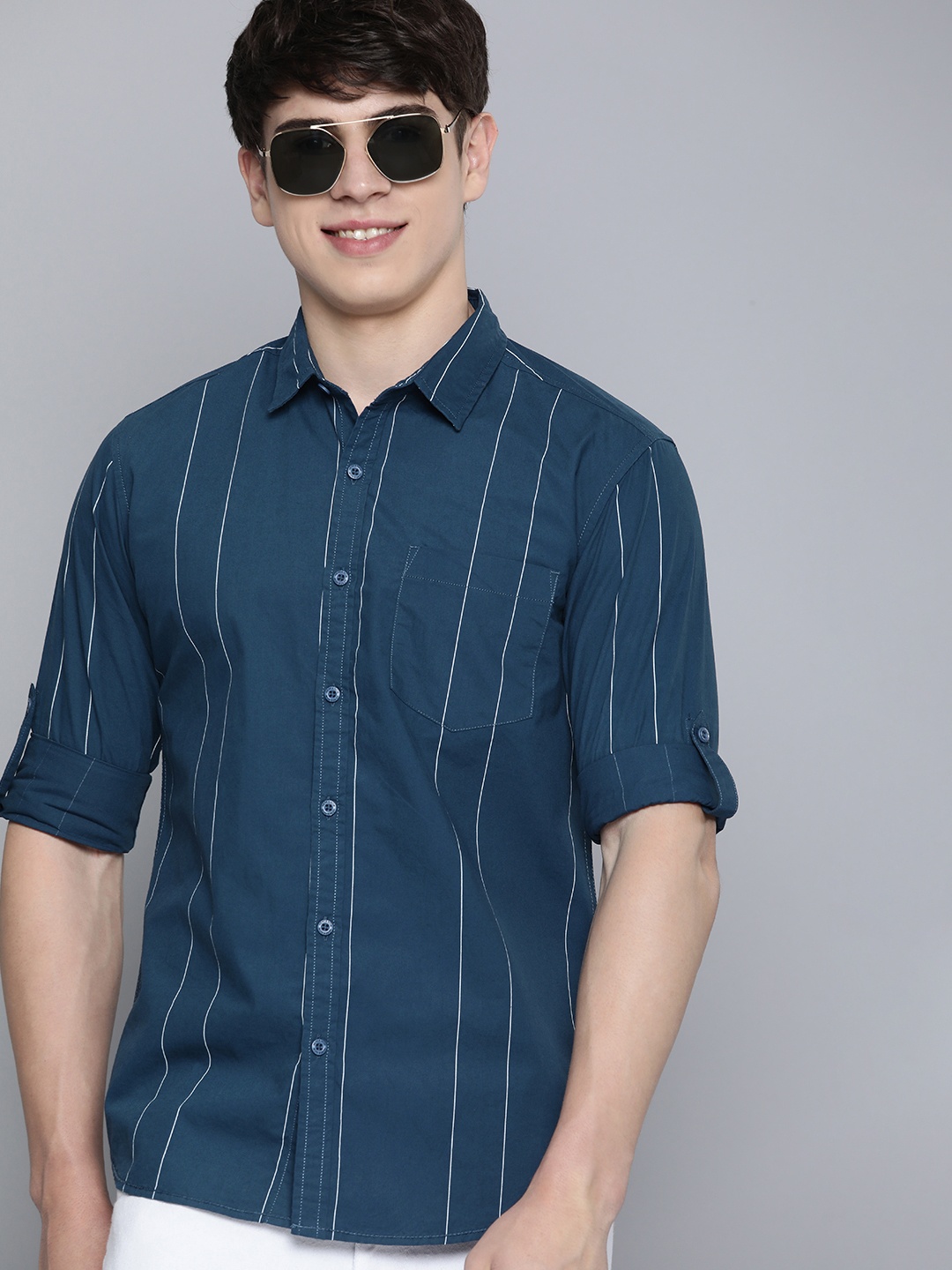 

HERE&NOW Slim Fit Striped Pure Cotton Casual Shirt, Navy blue