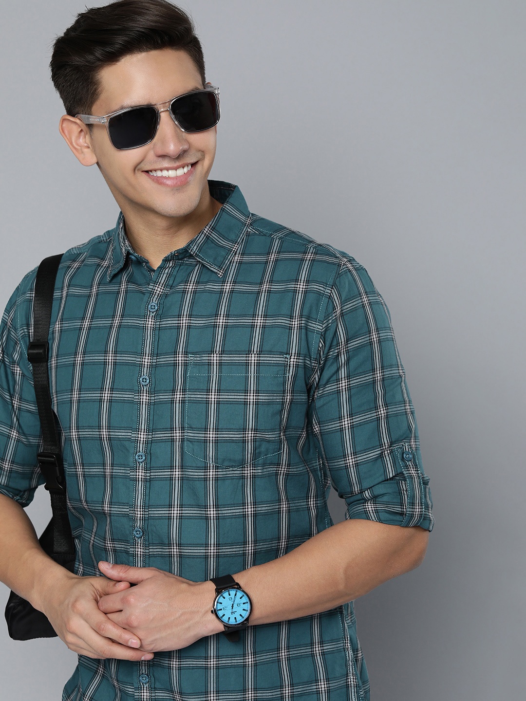 

HERE&NOW Men Pure Cotton Slim Fit Tartan Checks Casual Shirt, Teal