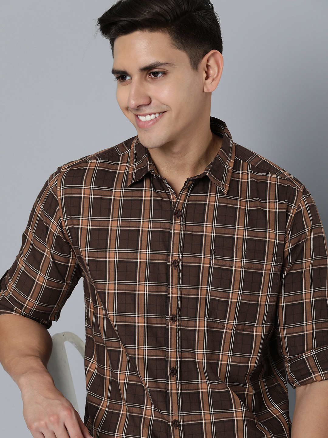 

HERE&NOW Men Pure Cotton Slim Fit Tartan Checks Casual Shirt, Brown