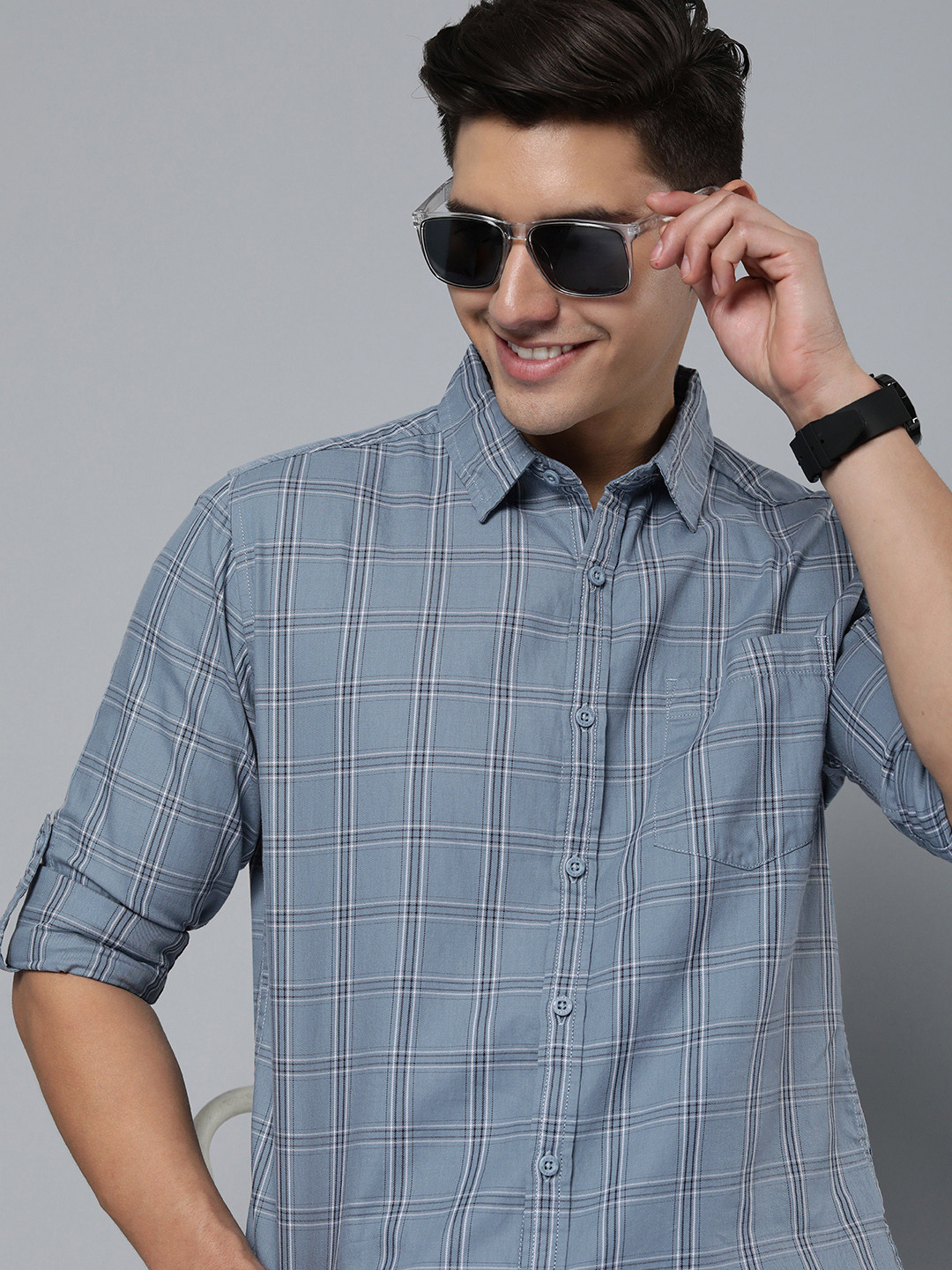 

HERE&NOW Men Pure Cotton Slim Fit Tartan Checked Casual Shirt, Blue