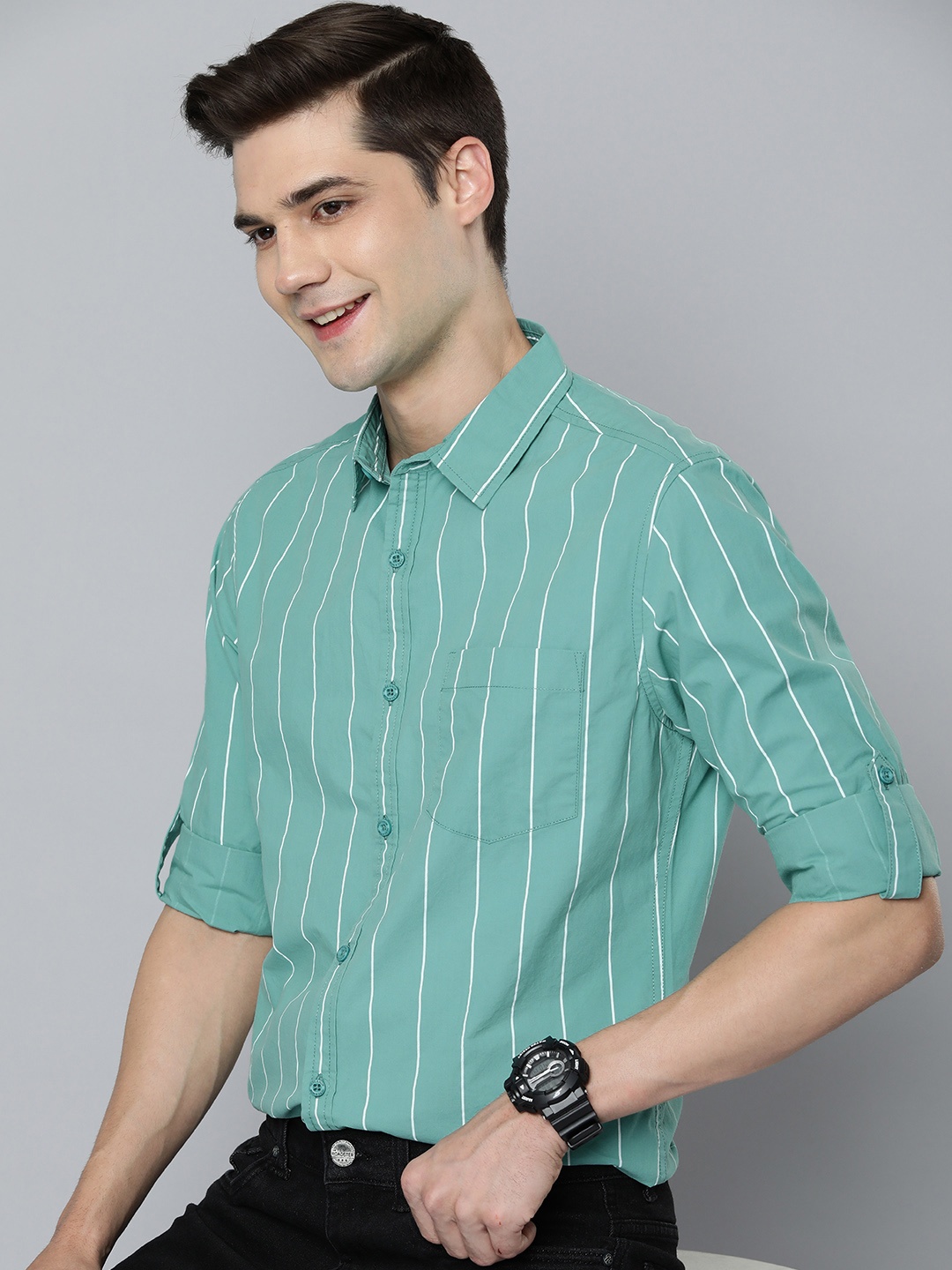 

HERE&NOW Men Pure Cotton Slim Fit Striped Casual Shirt, Sea green