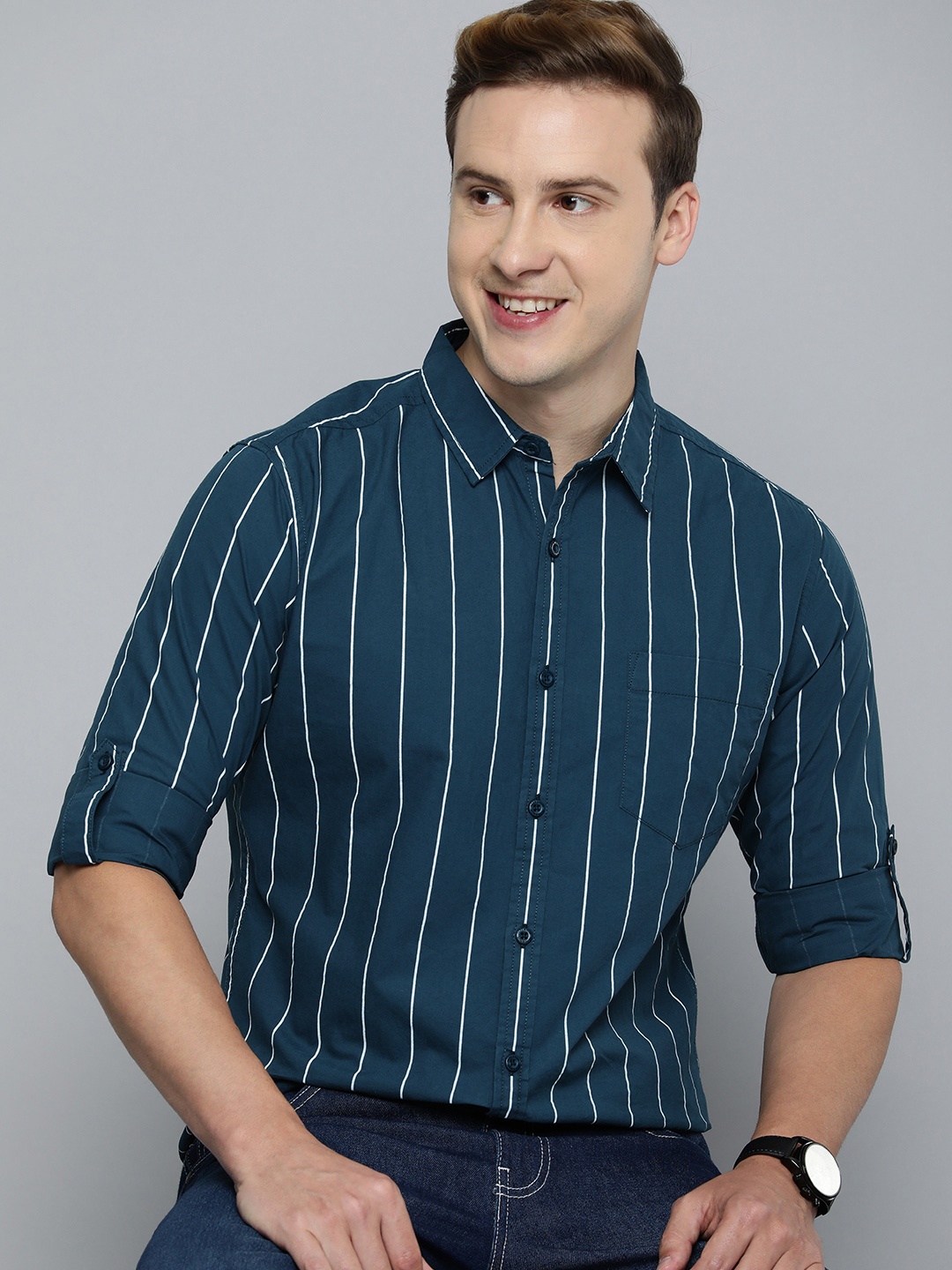 

HERE&NOW Men Pure Cotton Slim Fit Striped Casual Shirt, Teal