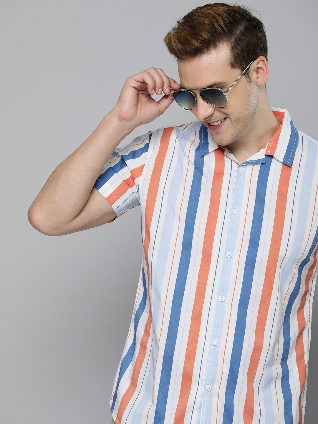 

HERE&NOW Men Slim Fit Striped Cuban Collar Casual Shirt, Orange