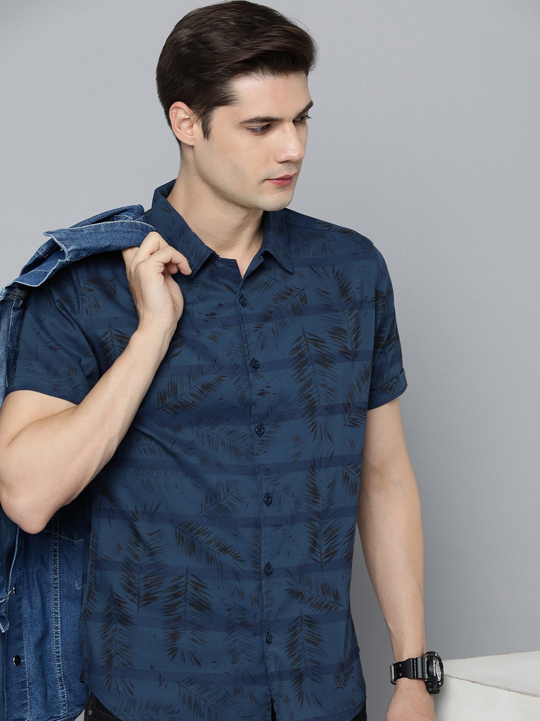 

HERE&NOW Men Slim Fit Printed Casual Shirt, Navy blue