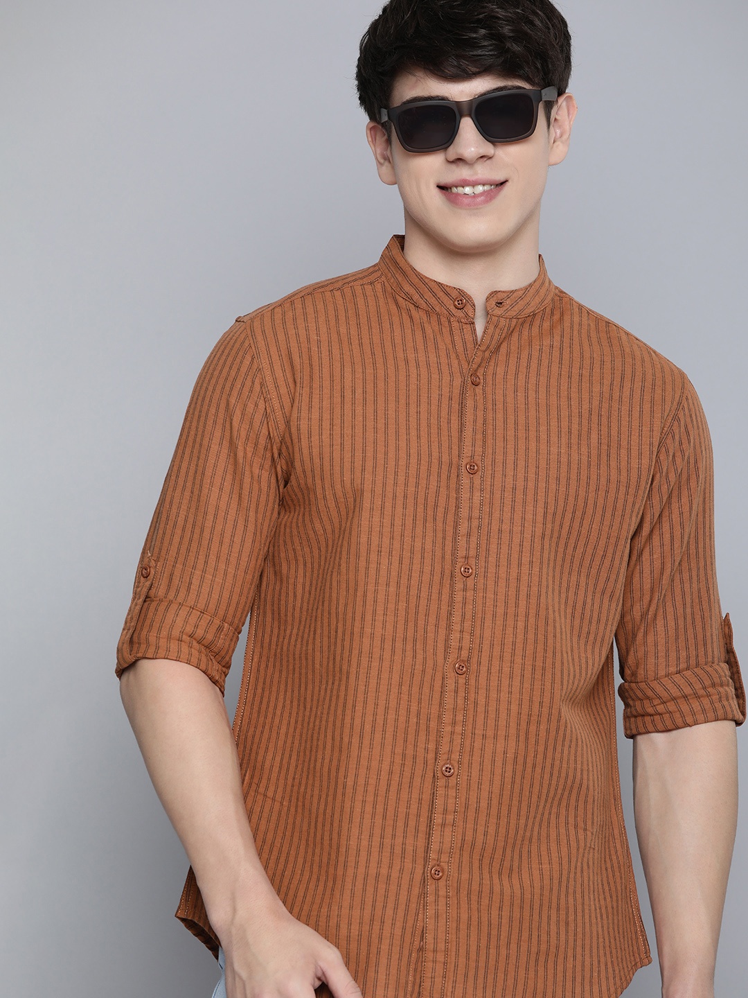 

HERE&NOW Band Collar Slim Fit Striped Cotton-Linen Casual Shirt, Rust