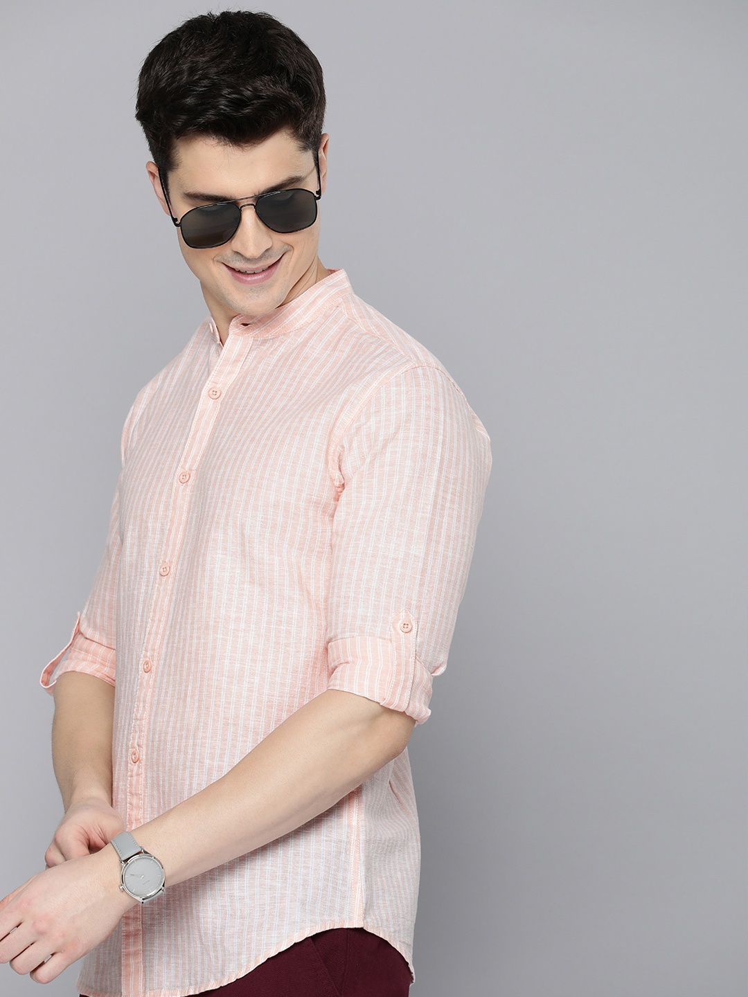 

HERE&NOW Men Cotton Linen Slim Fit Striped Casual Shirt, Peach