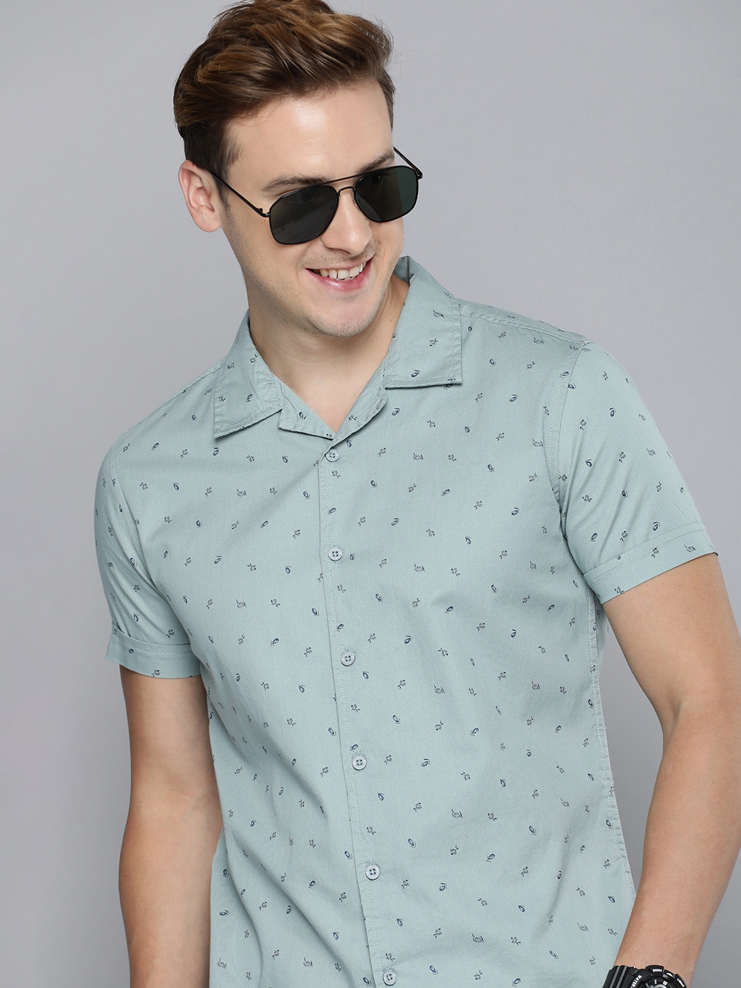 

HERE&NOW Slim Fit Floral Printed Casual Shirt, Green