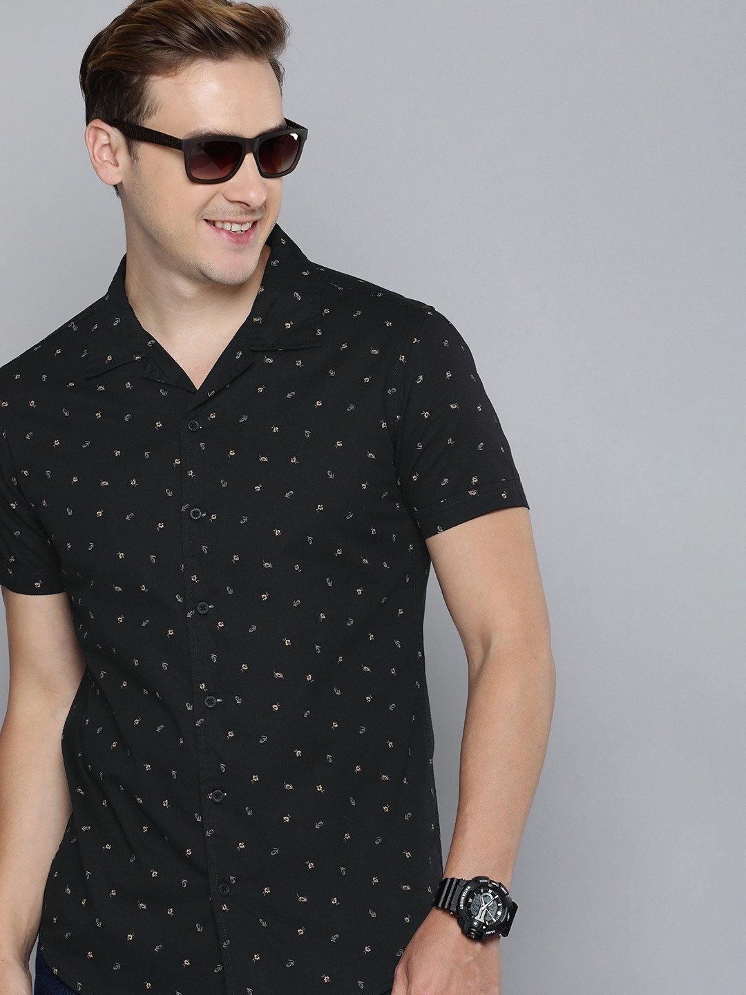 

HERE&NOW Slim Fit Floral Printed Casual Shirt, Black
