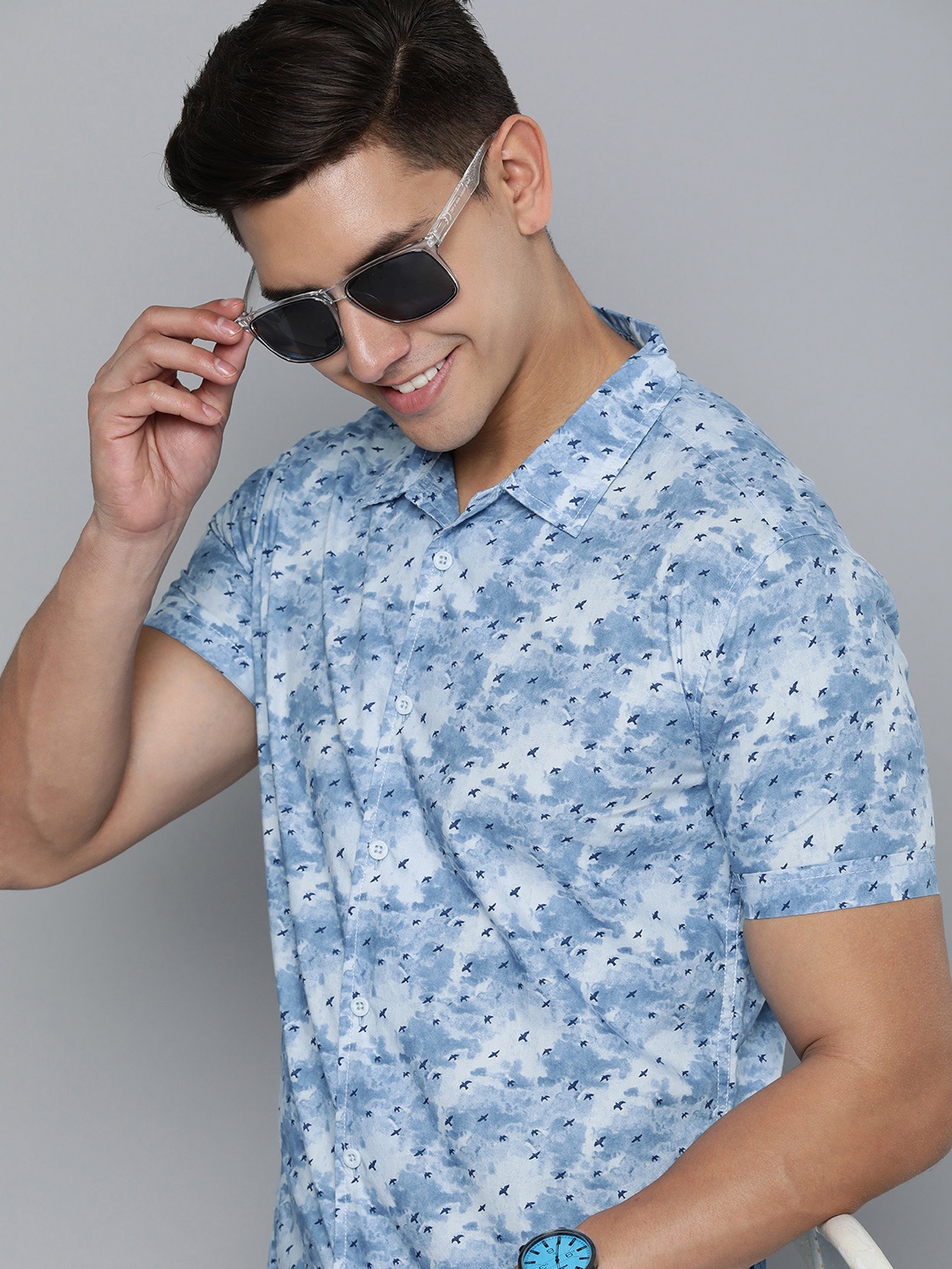 

HERE&NOW Men Pure Cotton Slim Fit Printed Casual Shirt, Blue