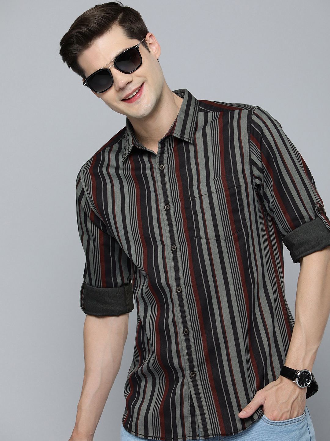 

HERE&NOW Men Slim Fit Striped Casual Shirt, Grey
