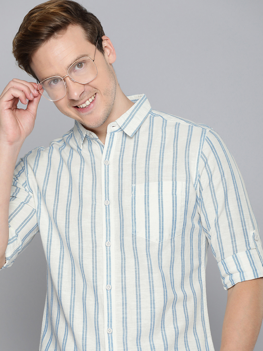 

HERE&NOW Slim Fit Striped Cotton-Linen Casual Shirt, White