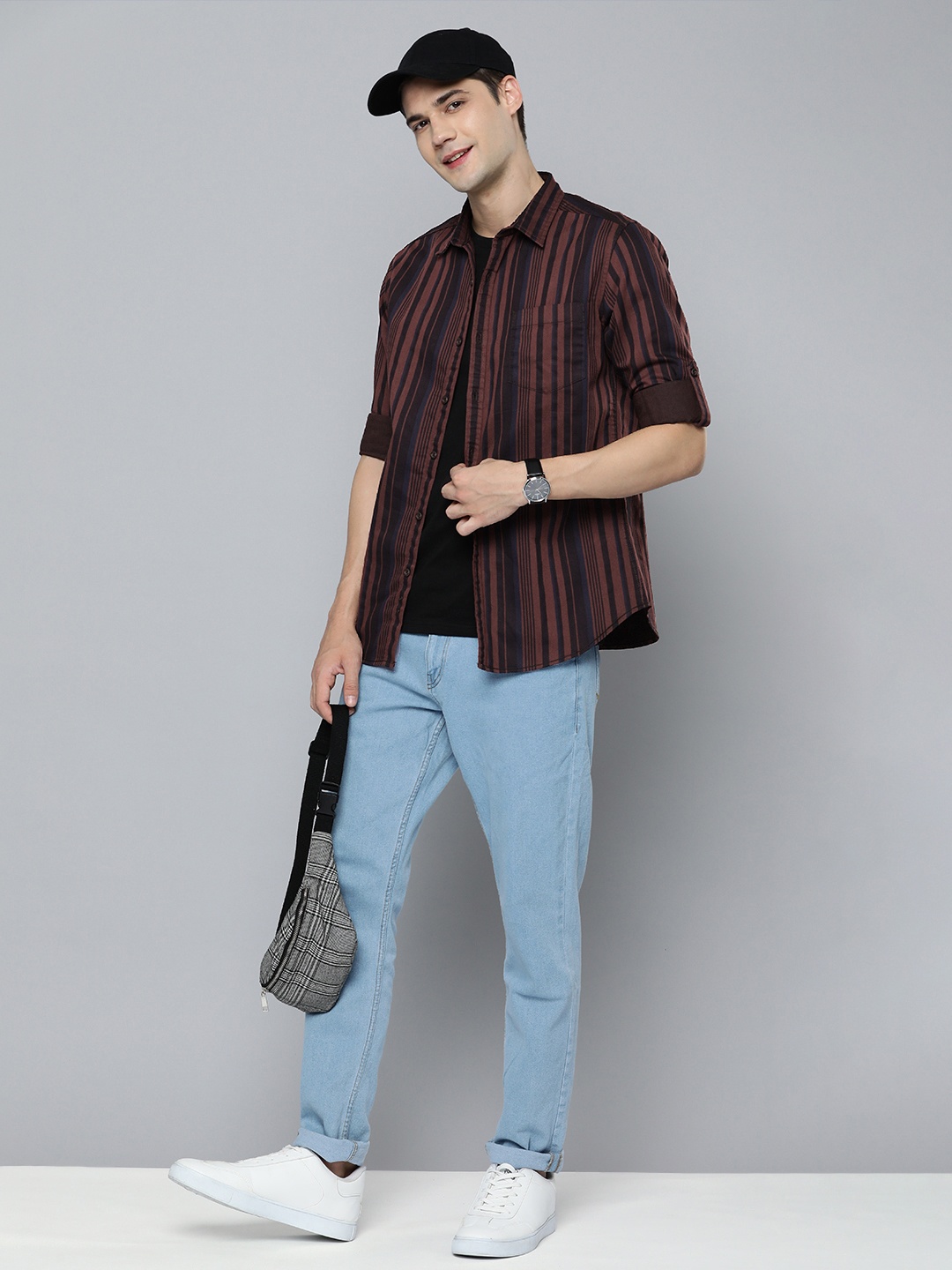 

HERE&NOW Men Slim Fit Striped Casual Shirt, Brown