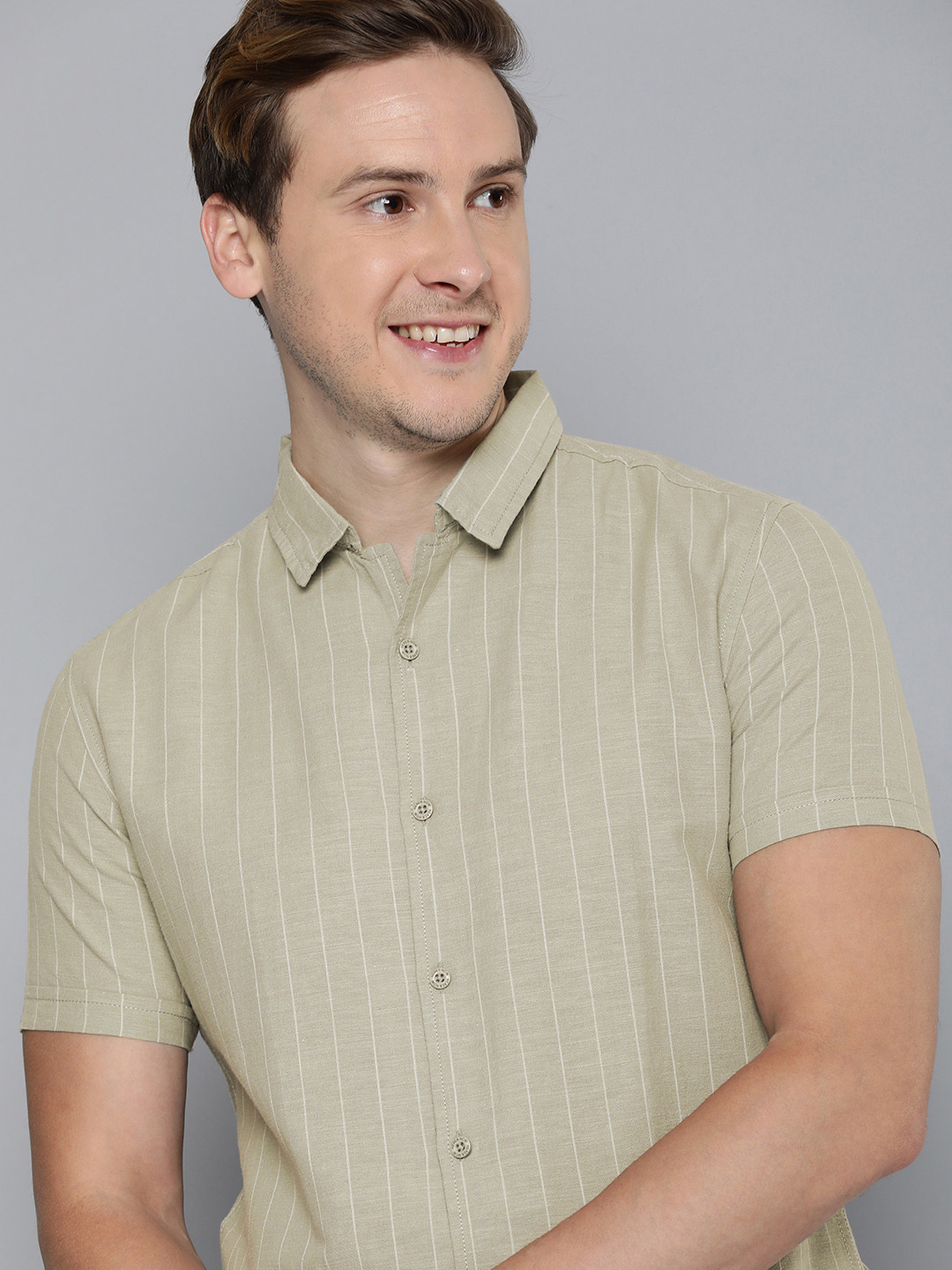 

HERE&NOW Cuban Collar Green Slim Fit Striped Cotton-Linen Casual Shirt, Olive