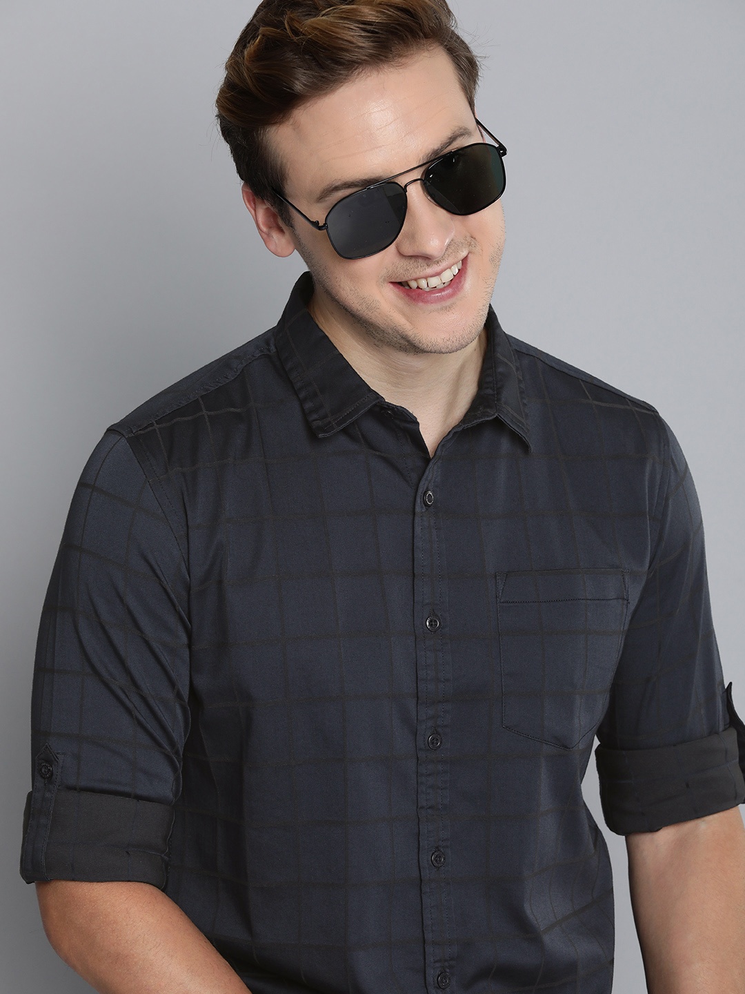 

HERE&NOW Men Slim Fit Windowpane Checks Checked Casual Shirt, Navy blue