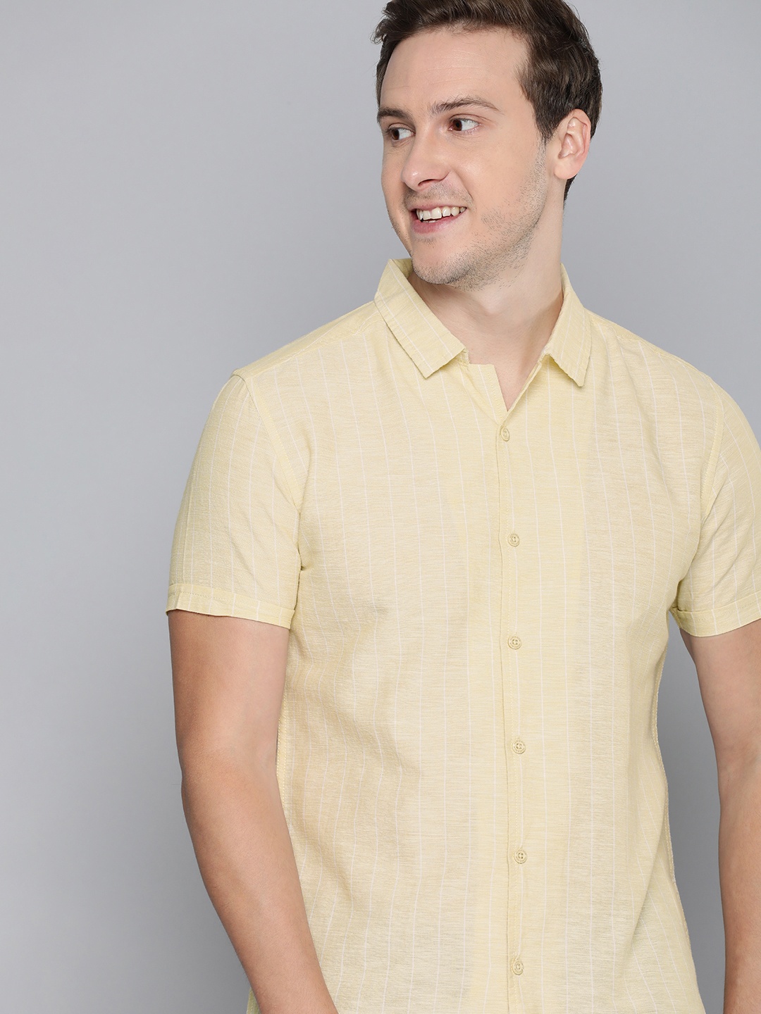 

HERE&NOW Cuban Collar Slim Fit Striped Cotton-Linen Casual Shirt, Yellow