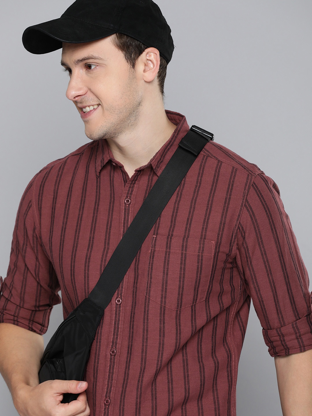 

HERE&NOW Men Cotton Linen Slim Fit Striped Casual Shirt, Maroon