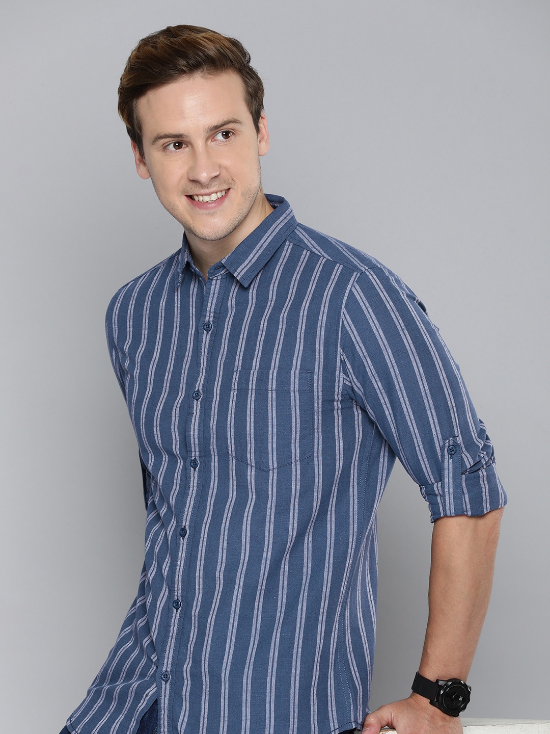 

HERE&NOW Slim Fit Striped Cotton-Linen Casual Shirt, Blue