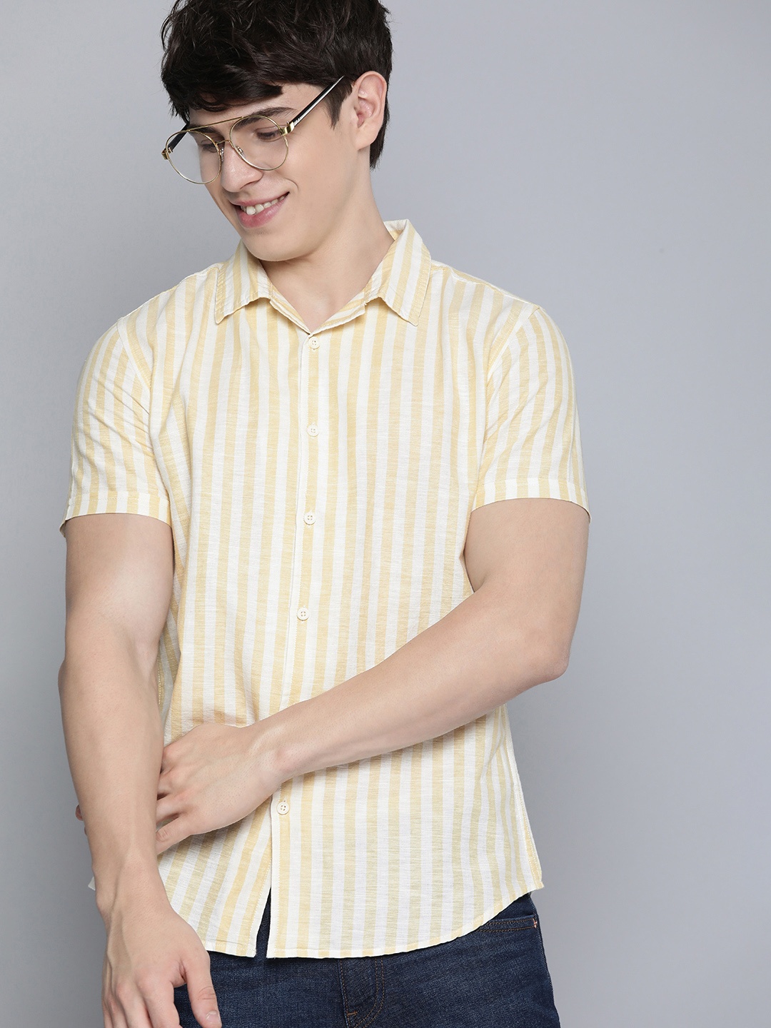 

HERE&NOW Cuban Collar Slim Fit Striped Cotton-Linen Casual Shirt, Yellow