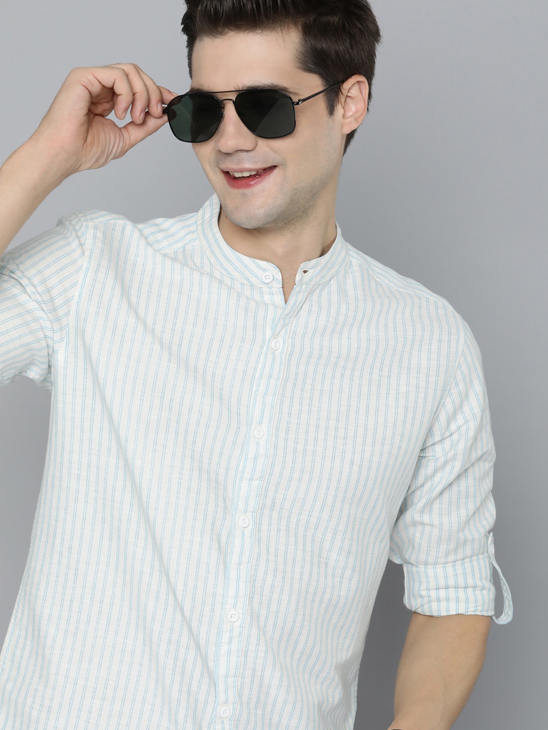 

HERE&NOW Slim Fit Striped Cotton Linen Casual Shirt, White