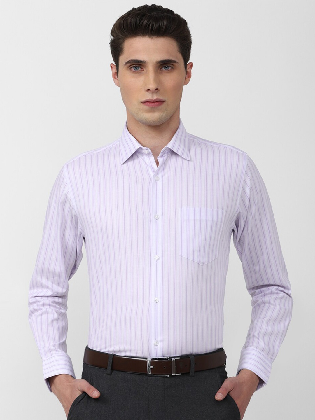 

Van Heusen Men Striped Pure Cotton Formal Shirt, Purple