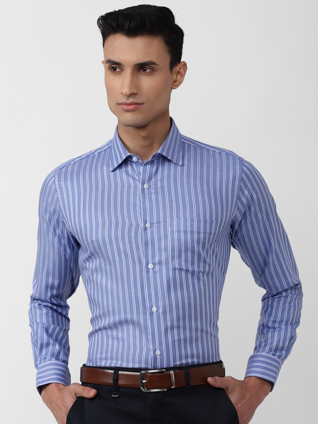 

Van Heusen Men Striped Pure Cotton Formal Shirt, Blue